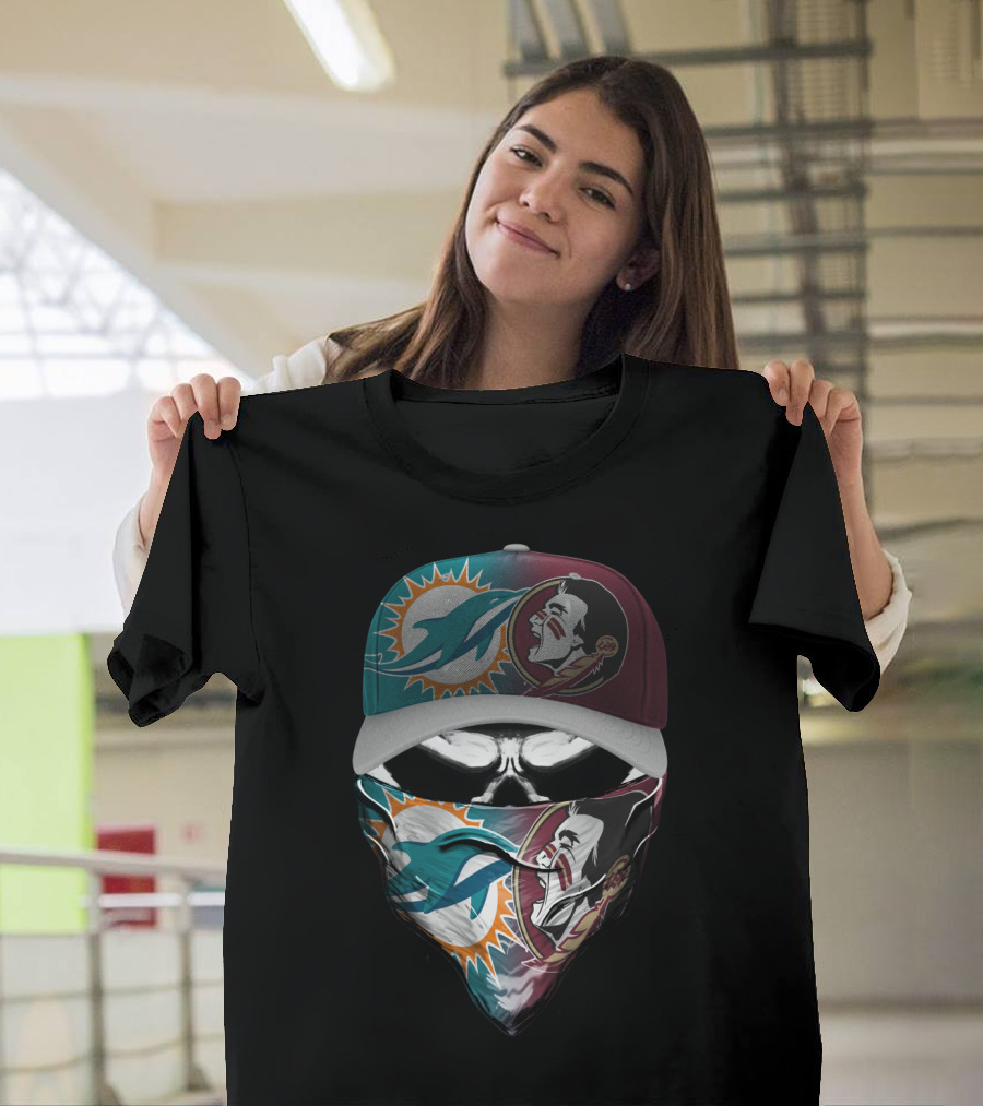 Miami Dolphins Florida State Seminoles Skull Headwear T-Shirt