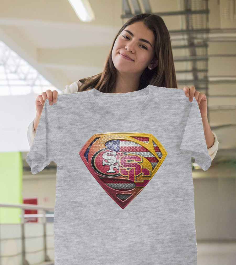 Superman Shield With San Francisco And Usc Logos Merged Over American Flag T-Shirt