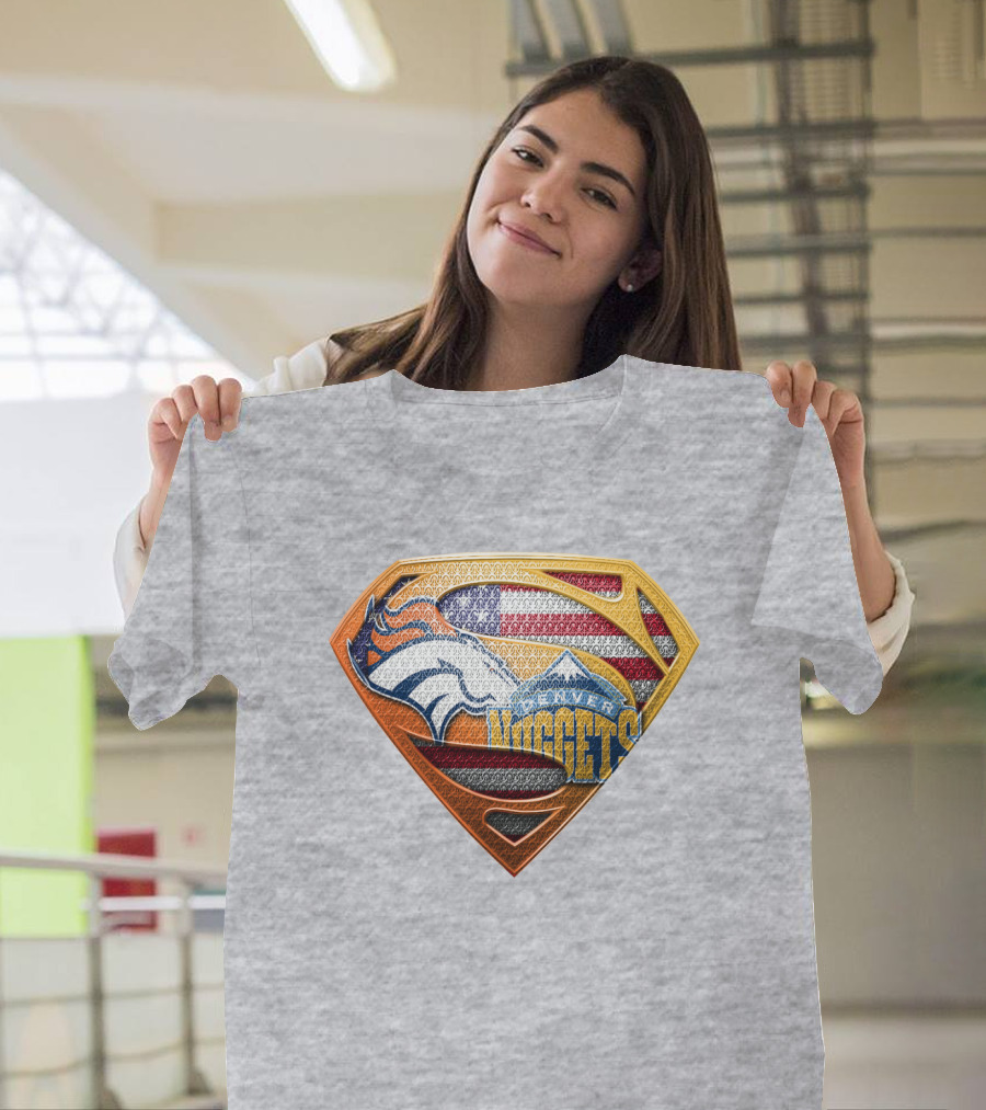 Denver Nuggets Broncos American Flag Super Hero Shield T-Shirt