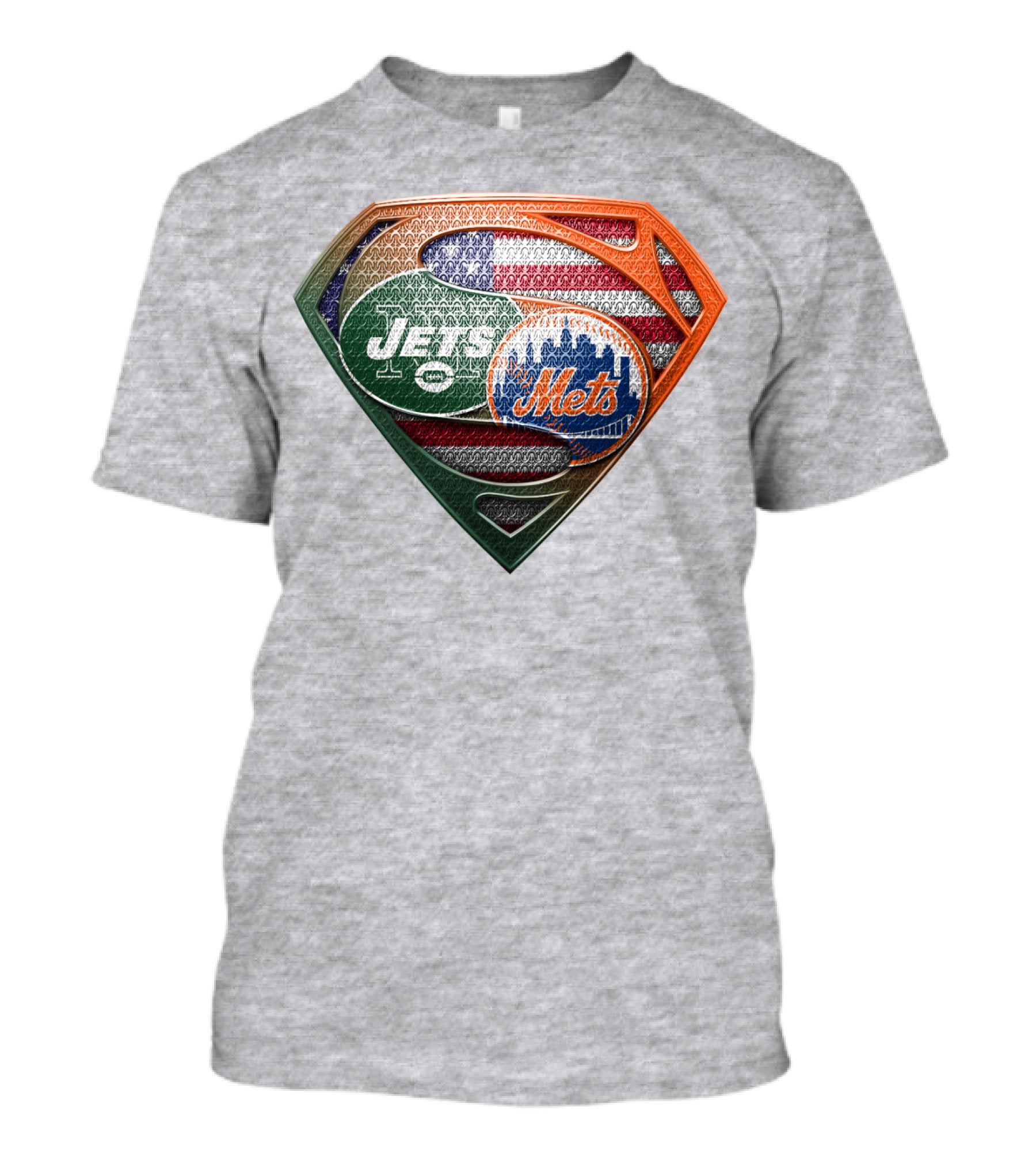 New York Jets Mets Logo With American Flag And Superman Shield T-Shirt
