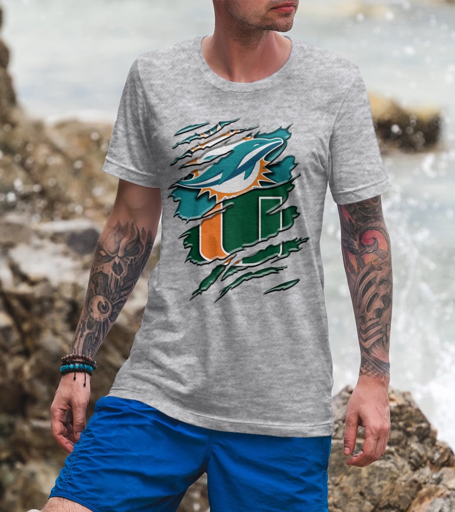 Miami Dolphins And University Of Miami Hurricanes Torn Design Rah 052 T-Shirt