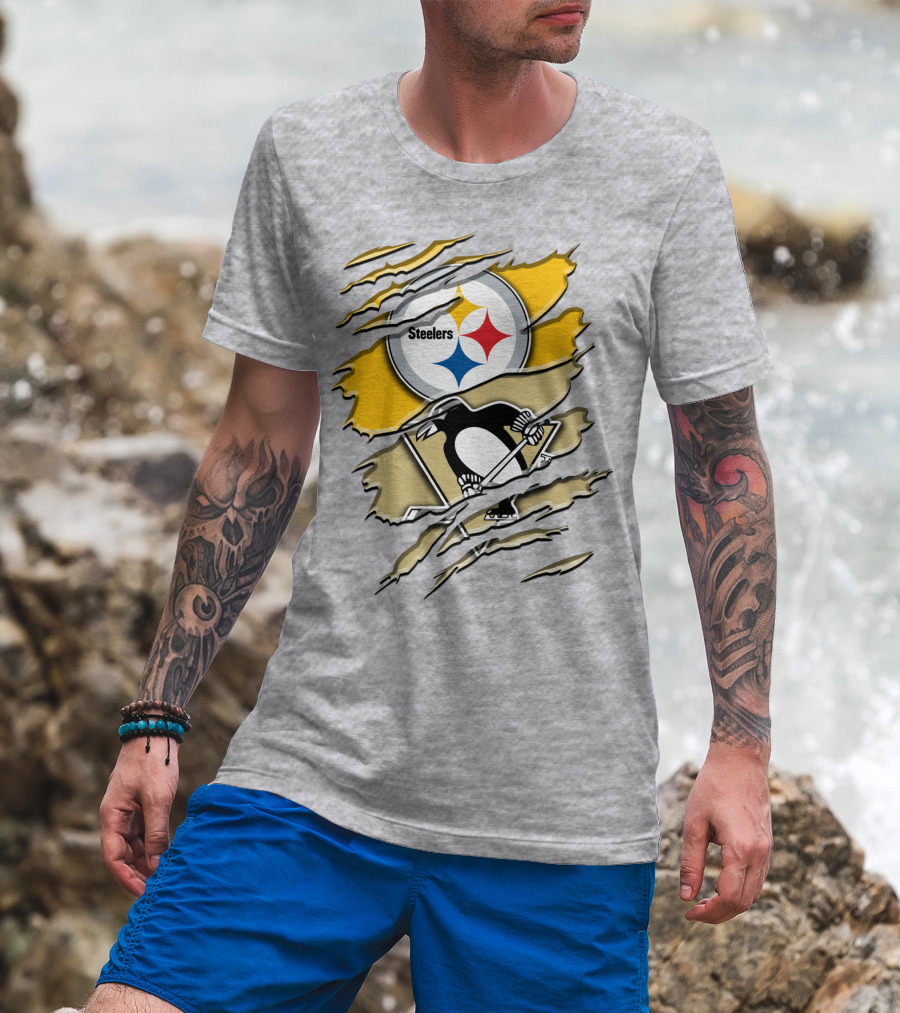 Steelers Penguins Torn Scratches Logo Collaboration T-Shirt