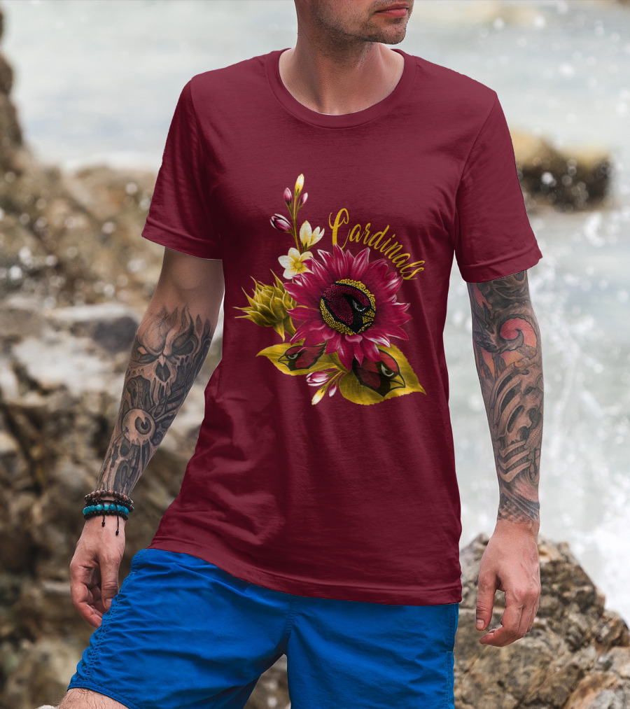 Cardinals Floral Sunflower And Bird Art On Red T-Shirt