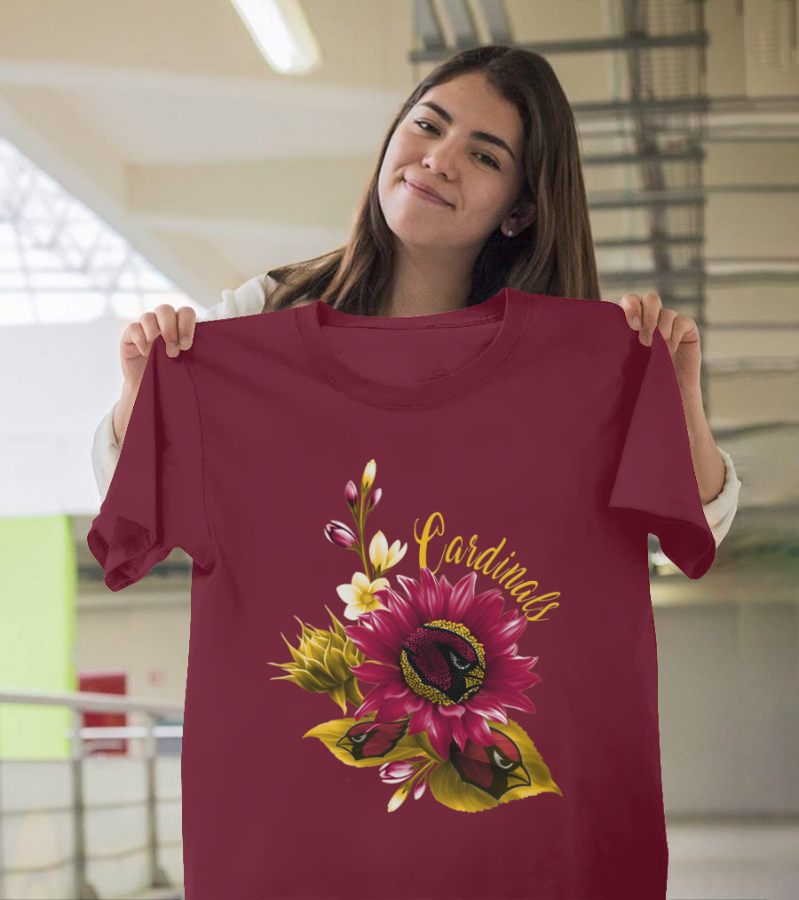 Cardinals Floral Sunflower And Bird Art On Red T-Shirt