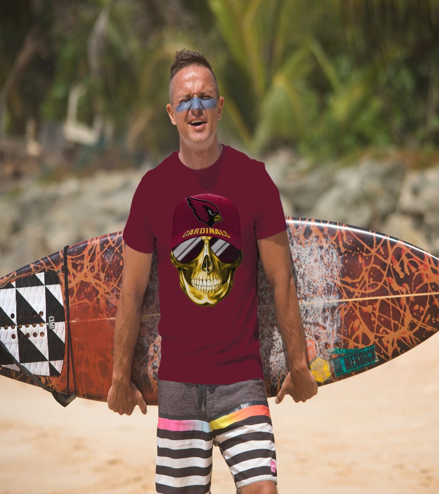 Arizona Cardinals Skull With Hat And Sunglasses T-Shirt