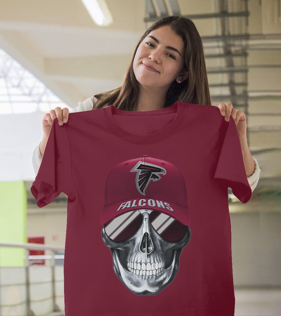 Atlanta Falcons Skull With Logo Hat And Sunglasses T-Shirt