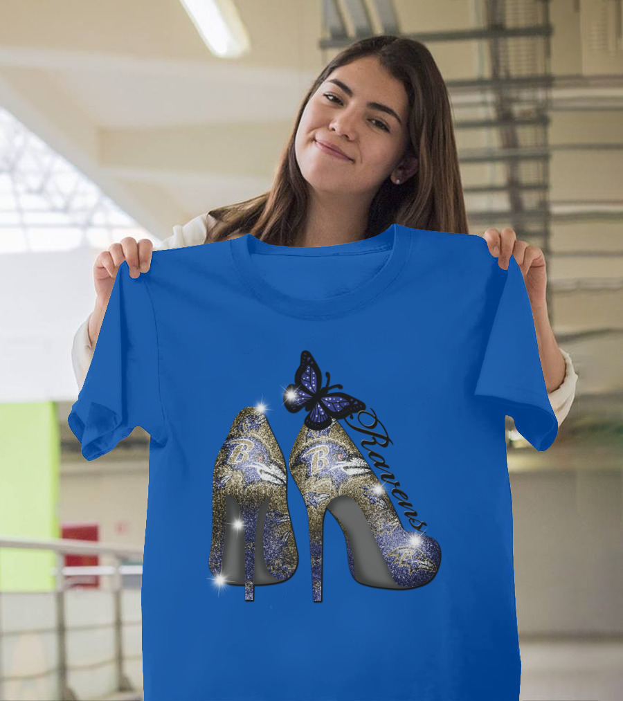 Ravens High Heels With Butterfly Baltimore Ravens Logos T-Shirt