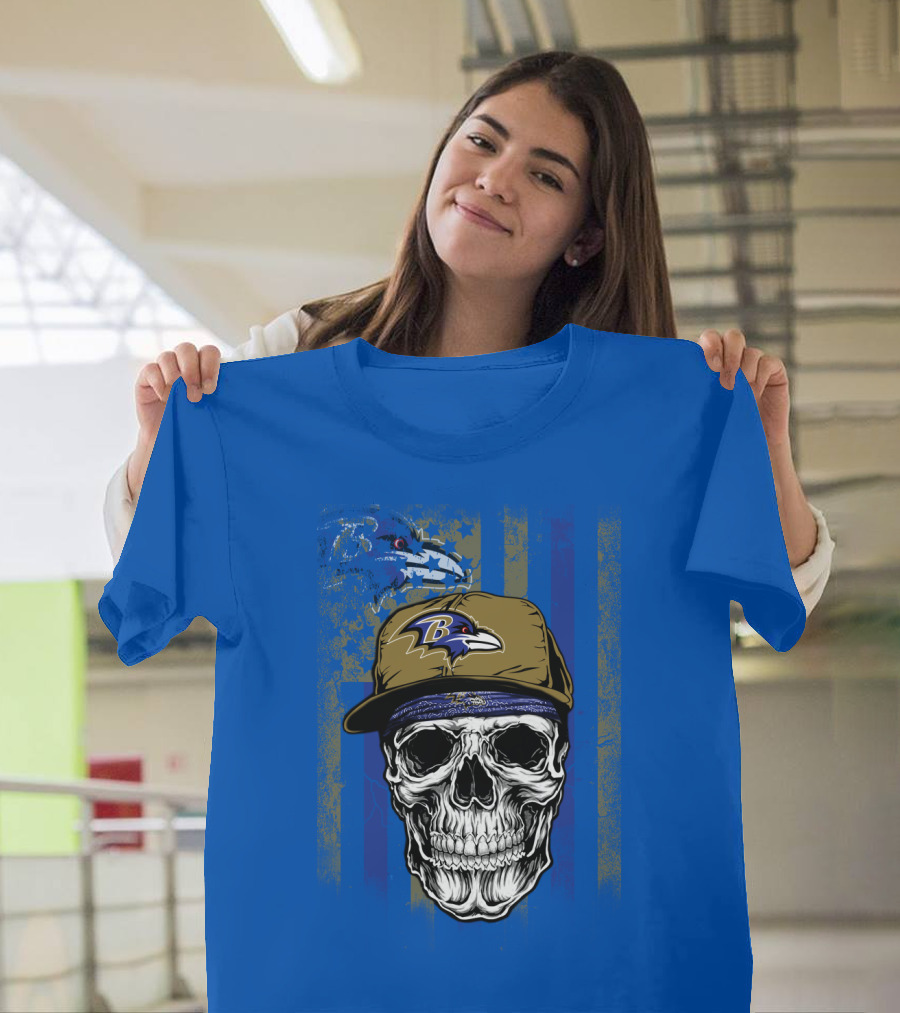Baltimore Ravens Skull With Hat And Stylized Flag Elements T-Shirt