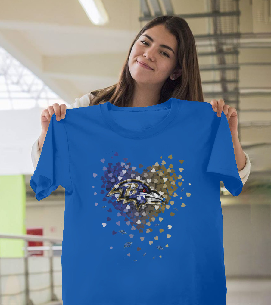 Baltimore Ravens Heart Design With Logo And Multicolored Hearts T-Shirt