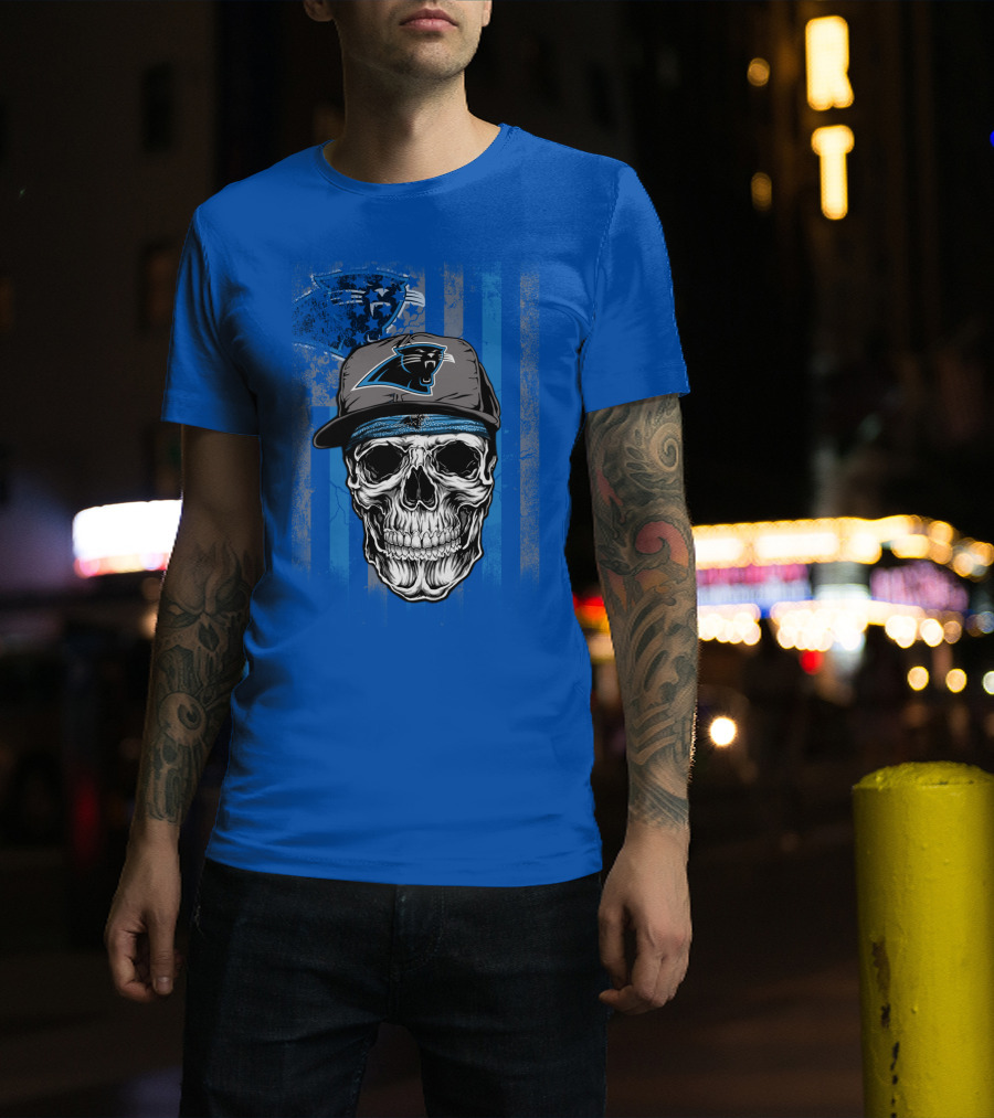 Carolina Panthers Skull With Hat And Striped T-Shirt