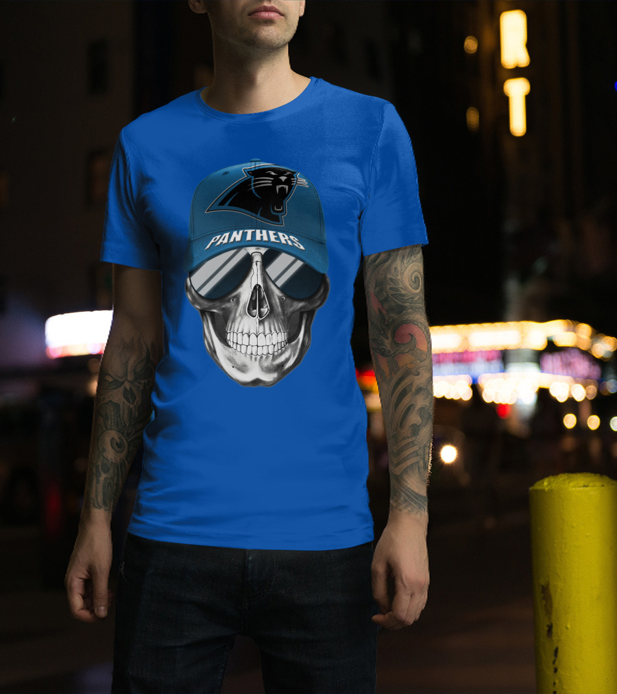 Carolina Panthers Skull Wearing Team Hat And Sunglasses T-Shirt