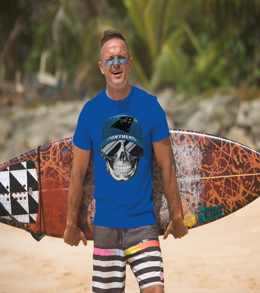 Carolina Panthers Skull Wearing Team Hat And Sunglasses T-Shirt