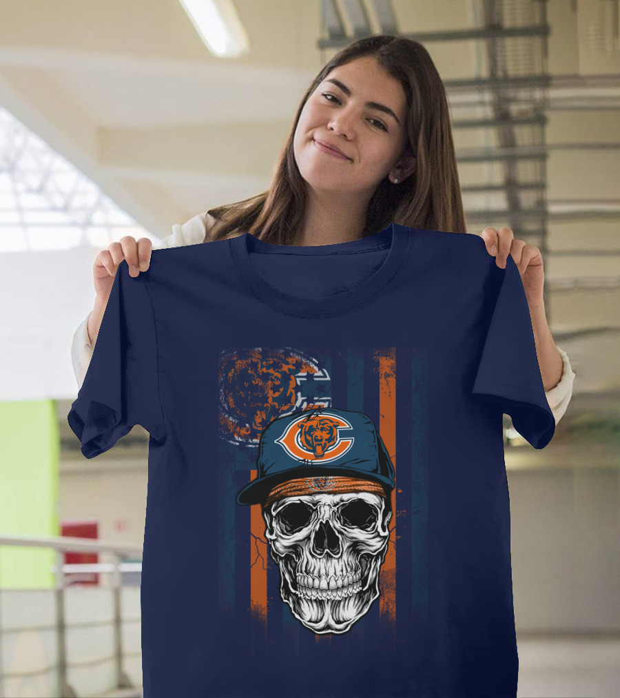 Chicago Bears Skull With Cap And Stripes T-Shirt