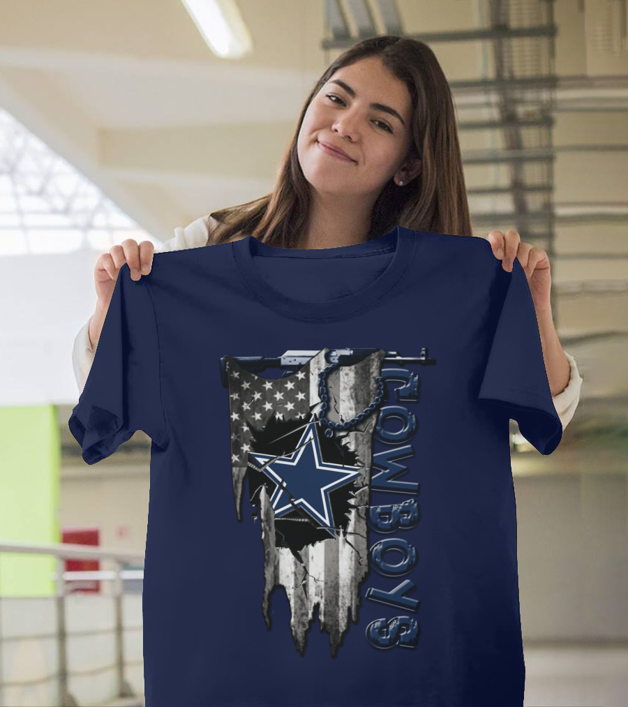 Dallas Cowboys Star Logo On Distressed American Flag With Vertical T-Shirt