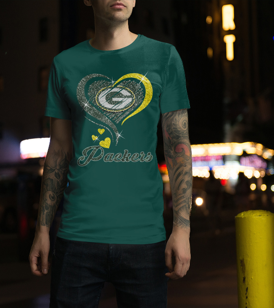 Green Bay Packers Heart Logo Sparkle T-Shirt