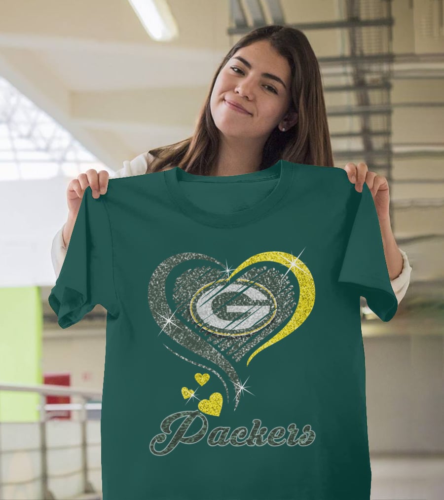 Green Bay Packers Heart Logo Sparkle T-Shirt