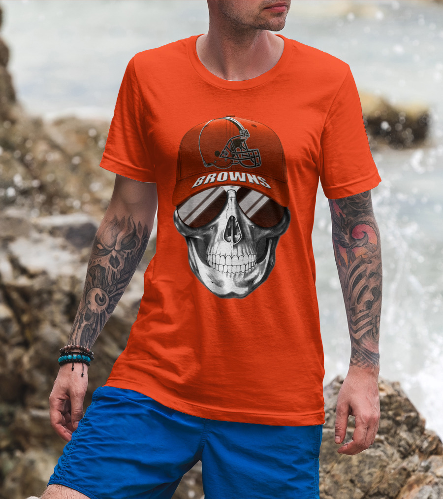 Cleveland Browns Skull Hat With Football Helmet Icon On Bright Orange T-Shirt