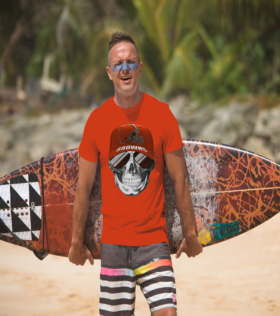 Cleveland Browns Skull Hat With Football Helmet Icon On Bright Orange T-Shirt