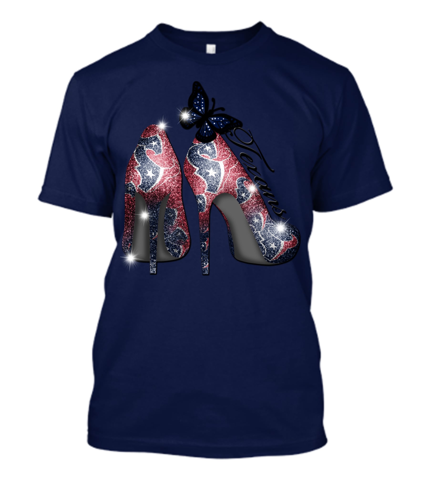 Texans High Heels With Butterfly Sparkle On Blue T-Shirt