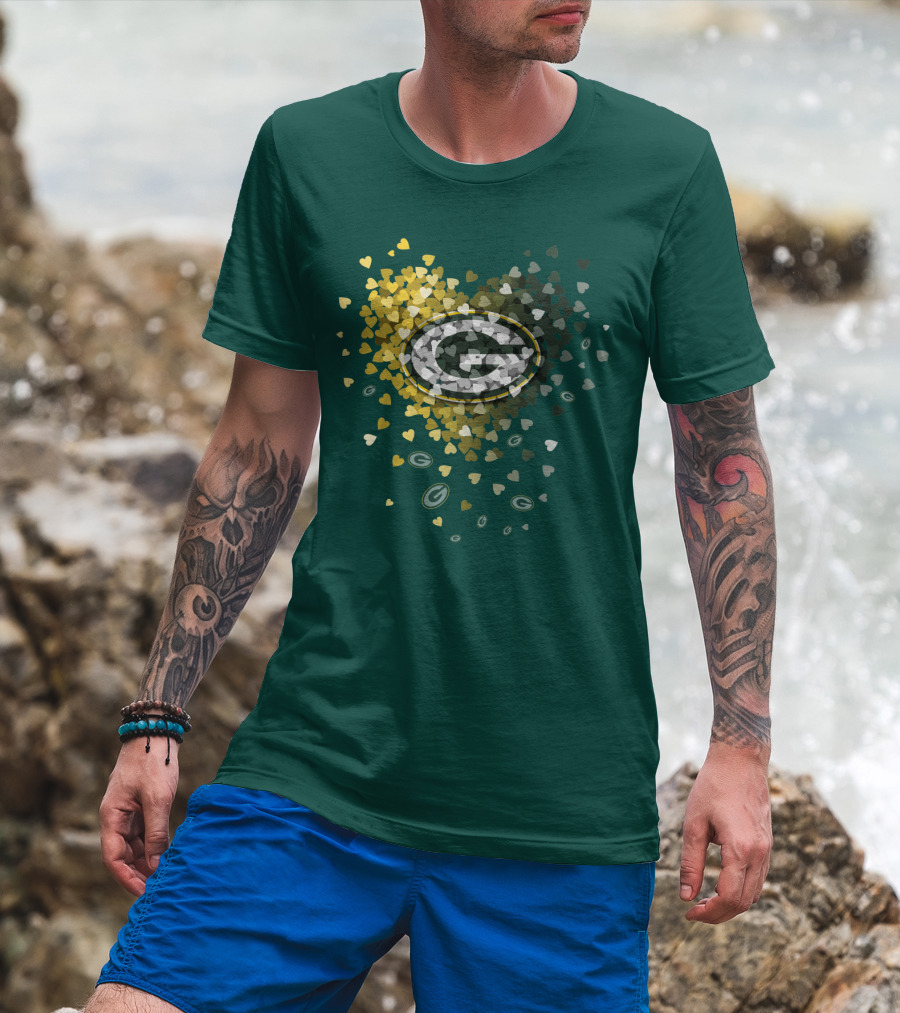 Green Bay Packers Heart Logo With Golden Hearts And Green T-Shirt