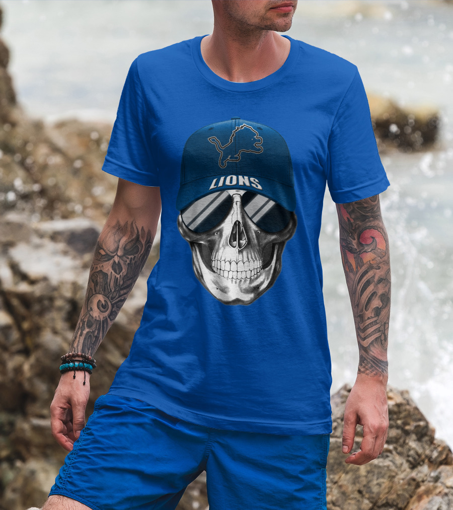 Detroit Lions Skull With Blue Cap And Sunglasses T-Shirt