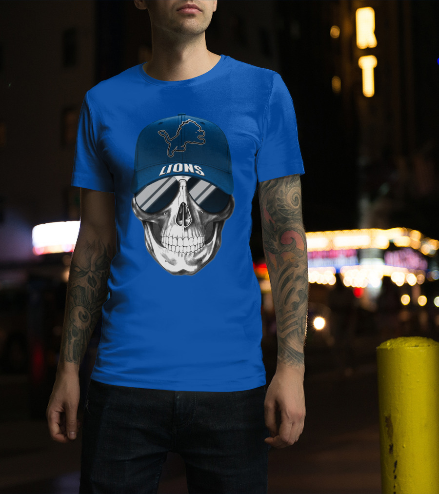 Detroit Lions Skull With Blue Cap And Sunglasses T-Shirt