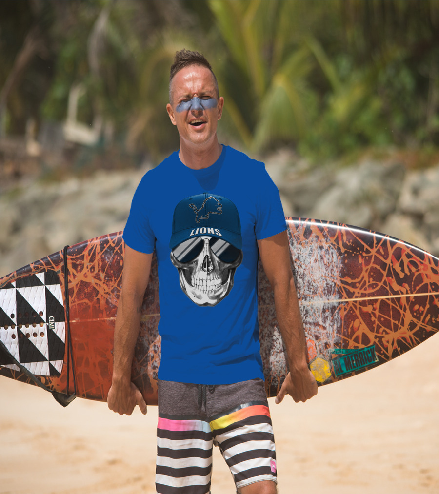 Detroit Lions Skull With Blue Cap And Sunglasses T-Shirt