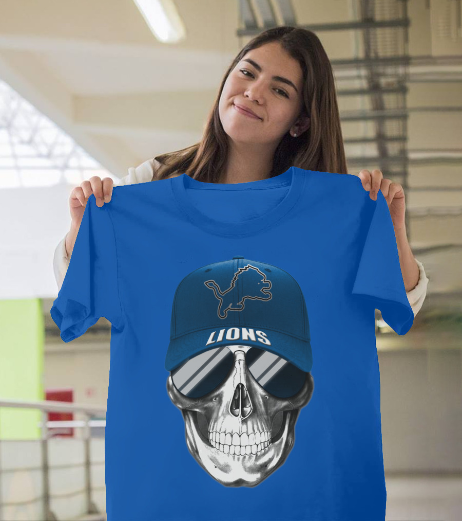 Detroit Lions Skull With Blue Cap And Sunglasses T-Shirt