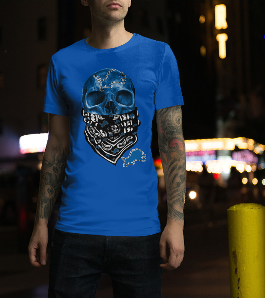 Detroit Lions Blue Skull Bandana Icon With Nfl Team T-Shirt