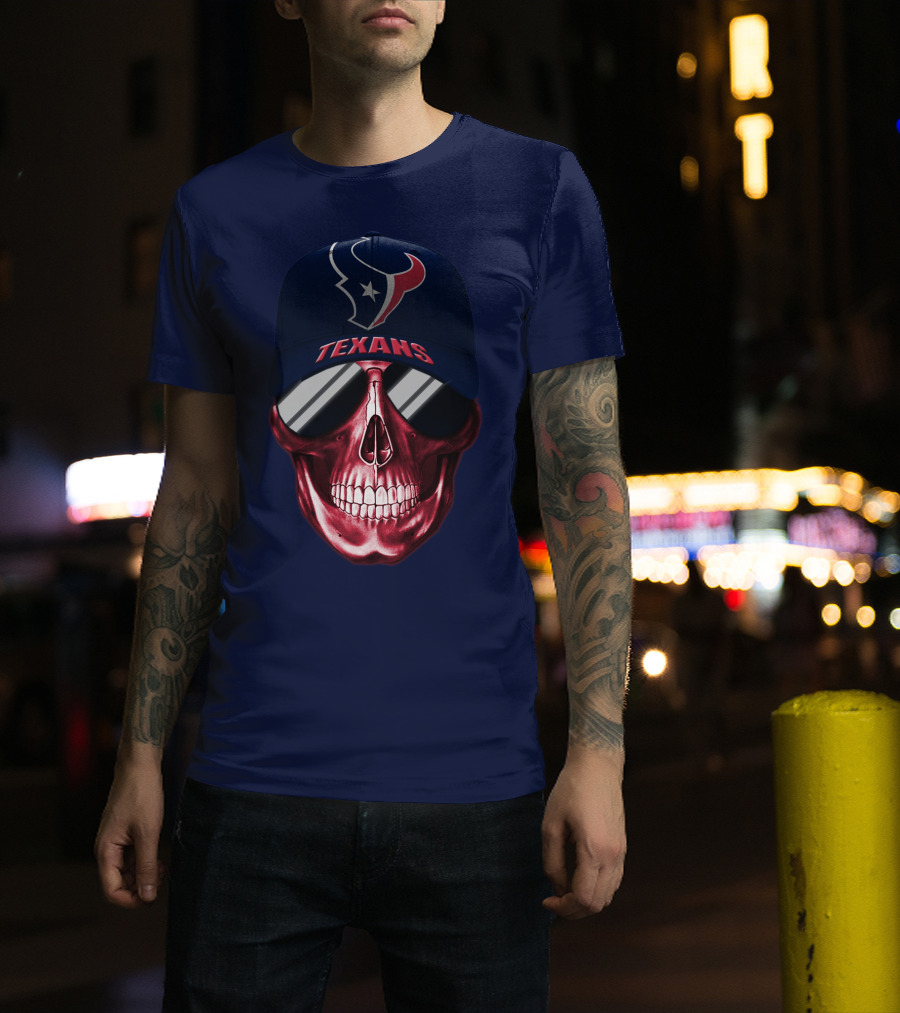 Houston Texans Skull With Cap And Sunglasses T-Shirt