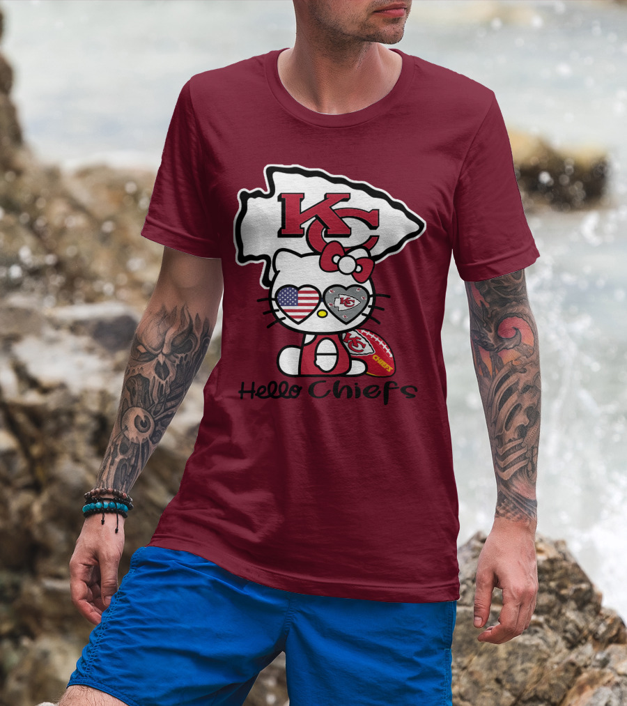 Hello Chiefs Kc Hello Kitty Heart Football American Flag T-Shirt