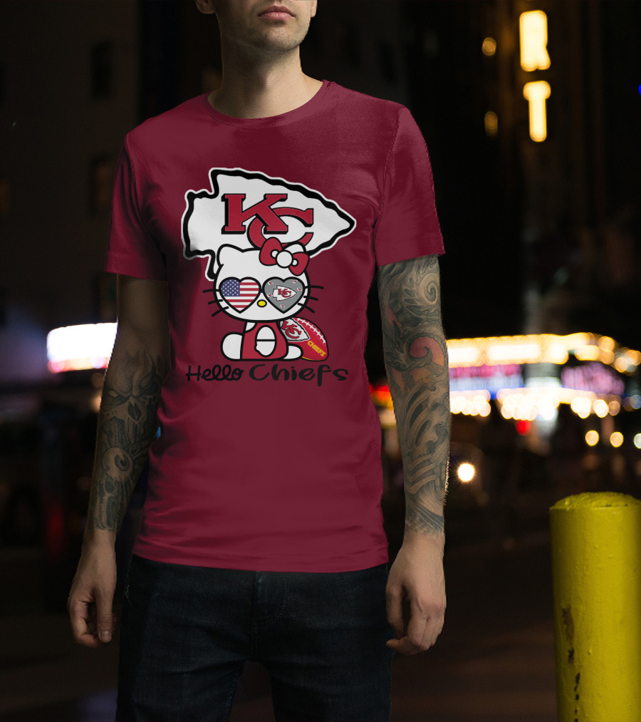 Hello Chiefs Kc Hello Kitty Heart Football American Flag T-Shirt