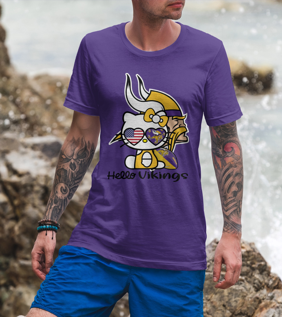 Hello Vikings Minnesota Vikings Fan Art Purple Football Kitty T-Shirt