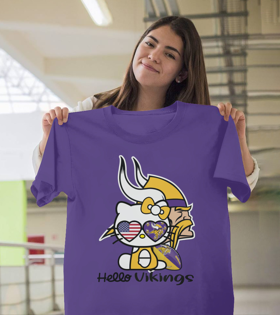 Hello Vikings Minnesota Vikings Fan Art Purple Football Kitty T-Shirt