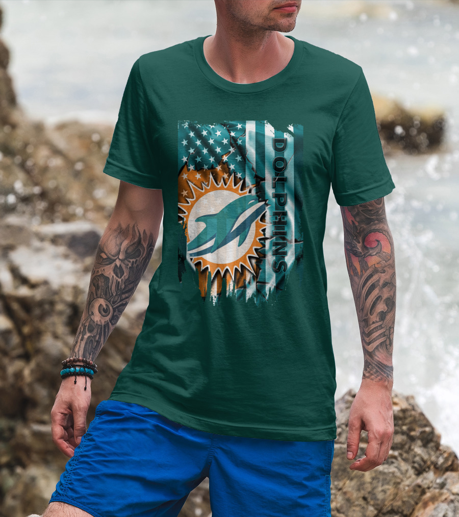Miami Dolphins American Flag Sunburst Ocean Wave T-Shirt