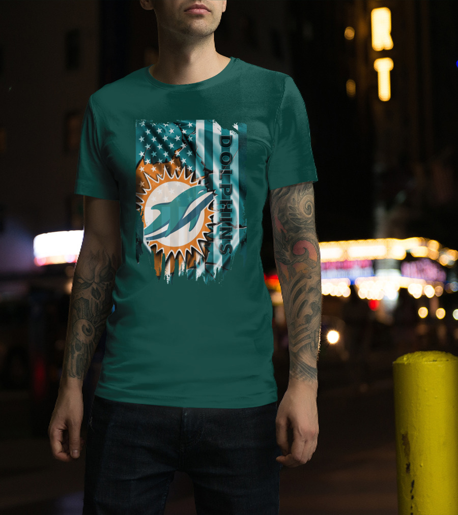 Miami Dolphins American Flag Sunburst Ocean Wave T-Shirt