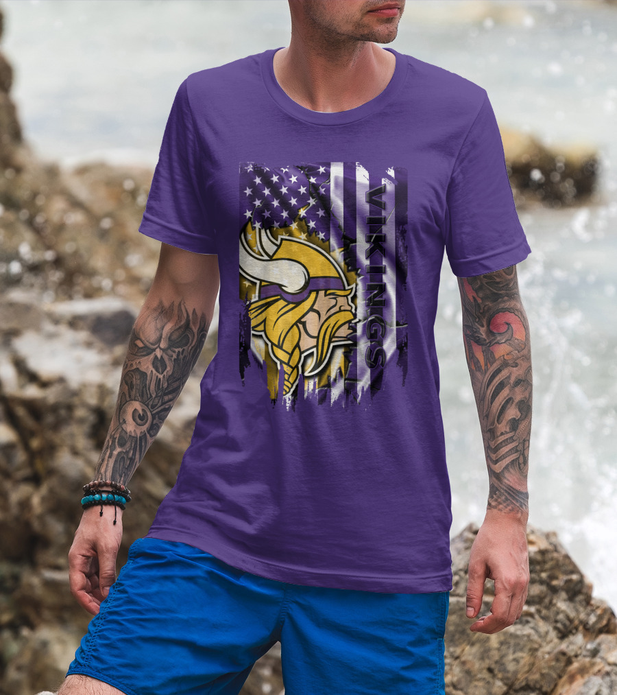 Minnesota Vikings American Flag Stars Stripes Purple Gold Viking Head T-Shirt