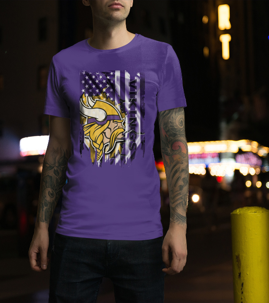 Minnesota Vikings American Flag Stars Stripes Purple Gold Viking Head T-Shirt