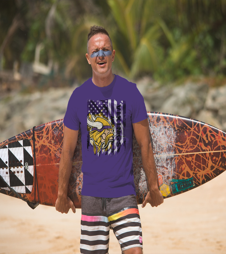 Minnesota Vikings American Flag Stars Stripes Purple Gold Viking Head T-Shirt