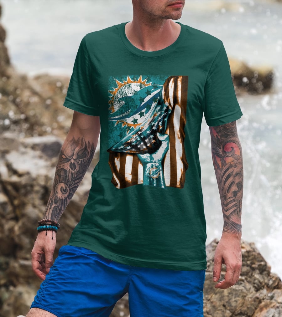 Miami Dolphins American Flag Hand Holding T-Shirt