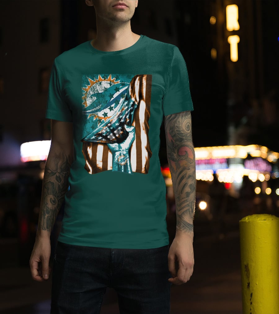Miami Dolphins American Flag Hand Holding T-Shirt