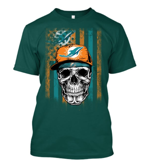 Miami Dolphins Skull With Cap And Logo In Orange And Teal Grunge Style T-Shirt