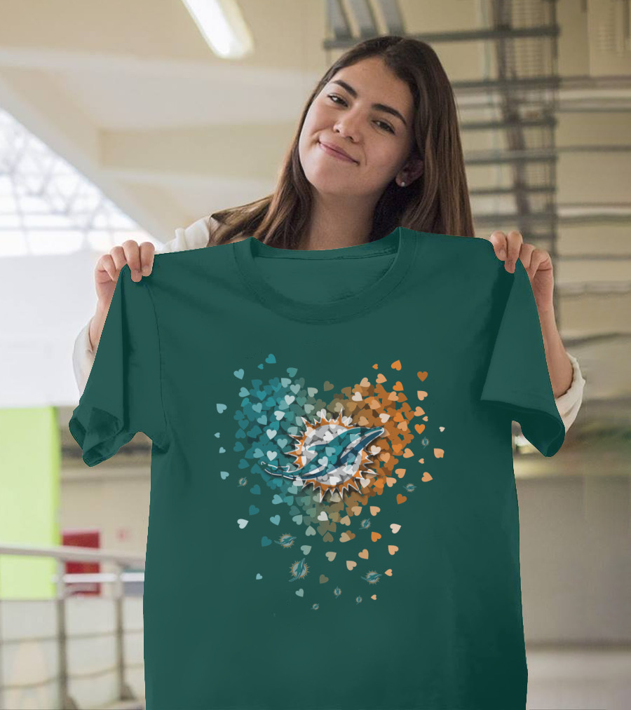 Miami Dolphins Heart Logo With Multicolor Hearts T-Shirt