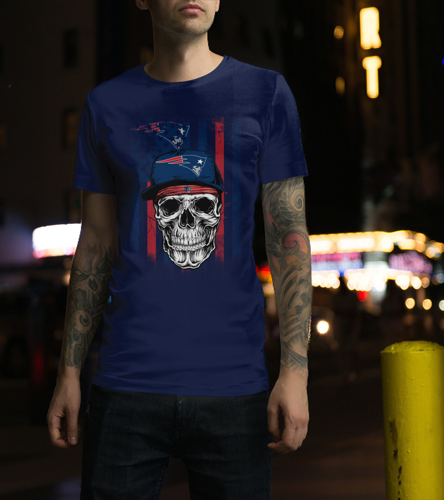 New England Patriots Skull With Cap And Red Blue Stripes T-Shirt