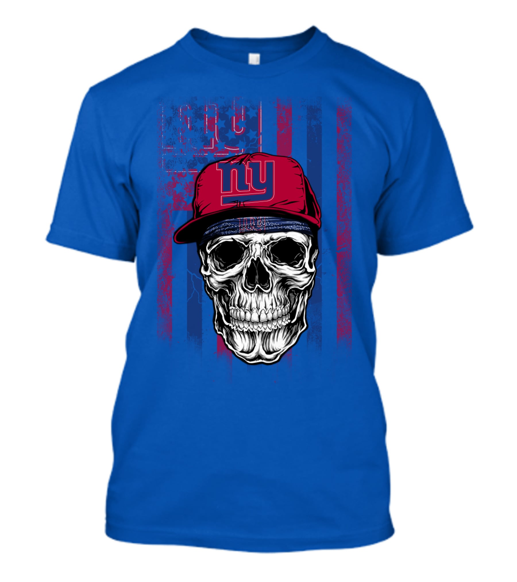 Ny Giants Skull With Red Cap On Blue T-Shirt