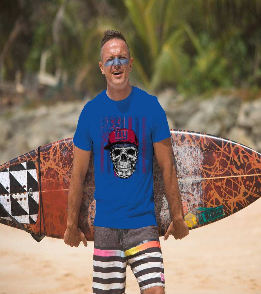 Ny Giants Skull With Red Cap On Blue T-Shirt