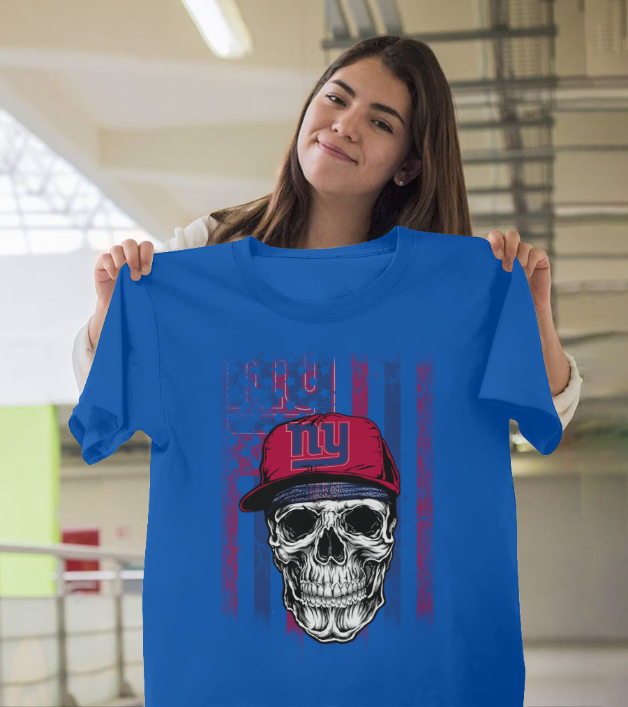 Ny Giants Skull With Red Cap On Blue T-Shirt