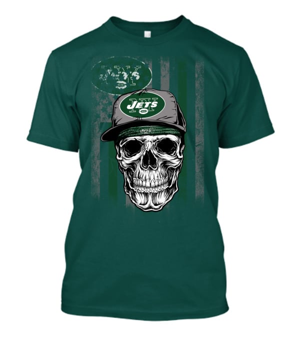 Skull With New York Jets Cap And Logo On Green Stripe T-Shirt