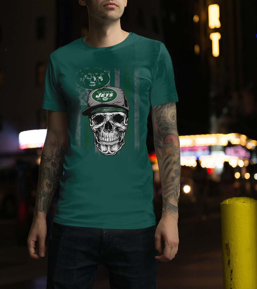 Skull With New York Jets Cap And Logo On Green Stripe T-Shirt