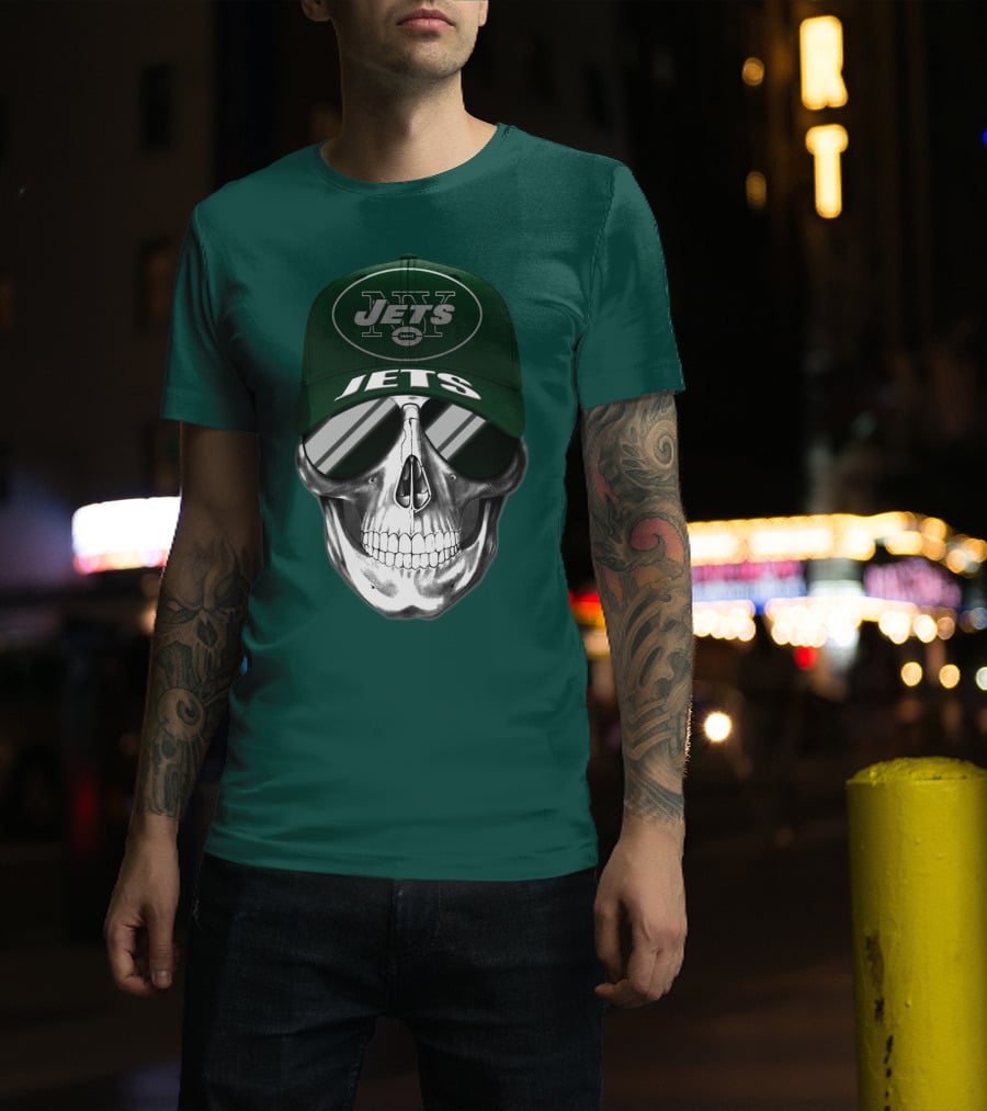 New York Jets Skull With Cap And Sunglasses T-Shirt